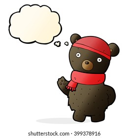 cartoon black bear in winter hat and scarf with thought bubble