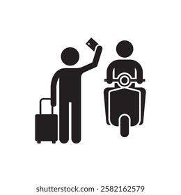Cartoon black, bike or scooter. Pedicab or bike taxi. Taxi app vehicle public transportation. bicycles, motorcycle symbol. taxi city transport. Indian tai driver. For travel, tourism.