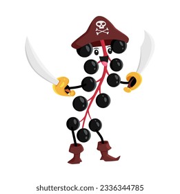 Cartoon black bird cherry pirate with sabers. Isolated vector berry captain, happy corsair attack with sabres. Smiling buccaneer character, freebooter or picaroon healthy vitamin personage adventure
