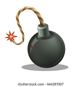 Cartoon black bomb explode with burning wick. Vector illustration.