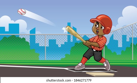 Cartoon des schwarzen Jungen Baseballspielers traf den Ball auf dem Feld