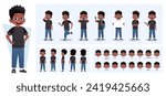 Cartoon Black Boy Character Constructor with Gestures, Emotions and Actions. Child Side, Front, Rear View. Movable Parts for Animation and Lip-Sync Vector Illustration.