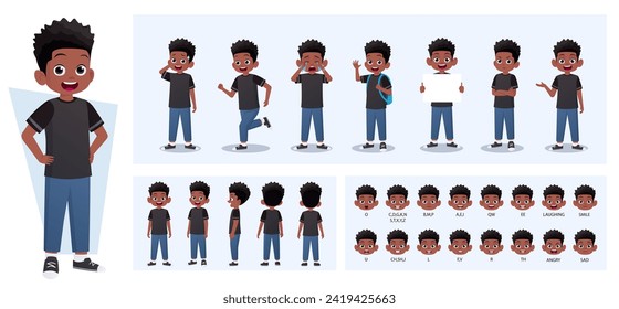 Cartoon Black Boy Character Constructor with Gestures, Emotions and Actions. Child Side, Front, Rear View. Movable Parts for Animation and Lip-Sync Vector Illustration.