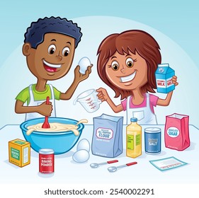 Cartoon of a black boy with an egg using a mixing spoon in a large mixing bowl and hispanic girl holding a carton of milk and measuring cup while mixing up a recipe in the kitchen.