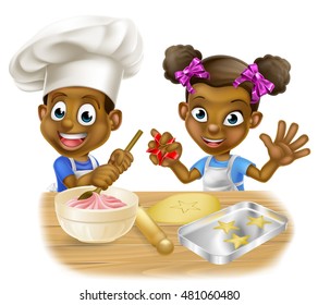 Cartoon black boy and girl children dressed as chefs baking cakes and cookies