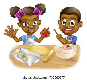 Cartoon black boy and girl children dressed as bakers making cakes and cookies