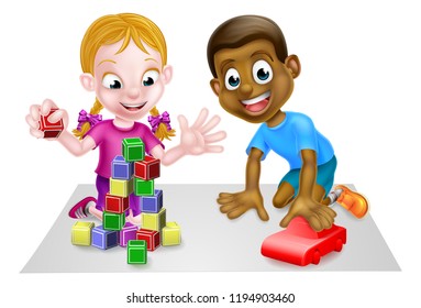 Cartoon black boy and white girl playing with toys, with car and toy building blocks