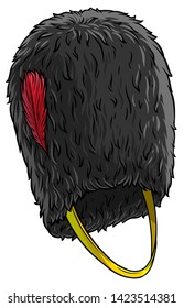 Cartoon black british army bearskin. Tall fur cap with red feather. Isolated on white background. Vector icon.