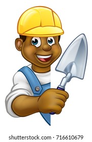 A cartoon black builder or bricklayer construction worker holding a masons brick laying trowel hand tool, waering a hard hat and peeking around sign