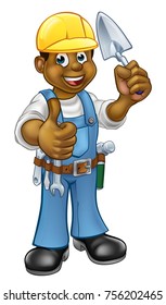 A cartoon black builder or bricklayer construction worker holding a masons brick laying trowel hand tool, wearing a hard hat and giving a thumbs up