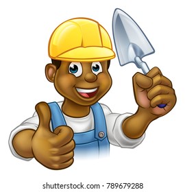 A cartoon black builder or bricklayer construction worker holding a masons brick laying trowel hand tool, wearing a hard hat and giving a thumbs up