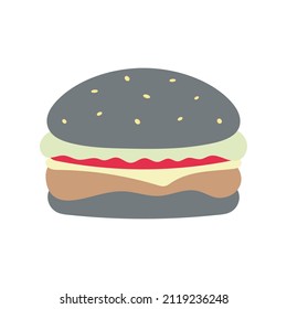 Dibujo aislado del vector de hamburguesa negra de dibujos animados. Usar en el menú, en la tienda, en el bar, la tarjeta o pegatinas, íconos, imprimir en el envase, imprimir en la ropa.