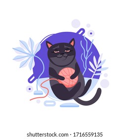 Cartoon black Burmese cat jumping and holding a roll for knitting. He is pleased and the happiest pet on this planet. Completed and isolated vector illustration.