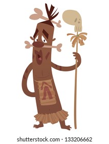 A cartoon black cannibal man holding a spear with a skull on top