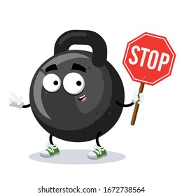 cartoon black cast iron kettlebell mascot with tablet stop in hand on white background