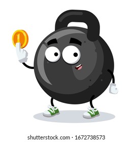 cartoon black cast iron kettlebell mascot keeps the coin on white background