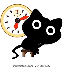 Cartoon black cat with Alarm Clock at Night