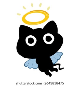 Cartoon black cat Angel with Halo and Wings