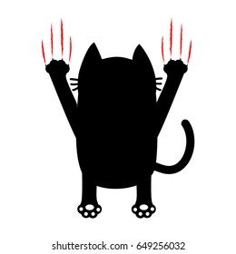 Cartoon black cat. Back view. Red bloody claws animal scratch scrape track. Cute funny character. White background. Isolated. Flat design. Vector illustration