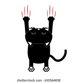 Cartoon schwarze Katze. Rückansicht. Rote blutleere Klauen kratzt Schrott Titel. Lustiger Charakter mit Gesicht. Weißer Hintergrund. Einzeln. Flaches Design. Vektorgrafik