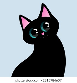 Cartoon black cat with big eyes. Design for print, sticker, party decoration, logo, emblem, magazine prints or journal article, t-shirt design, poster. Vector illustration 