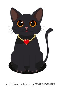 Cartoon black cat with big eyes sits cute on a white background isolated. Vector.