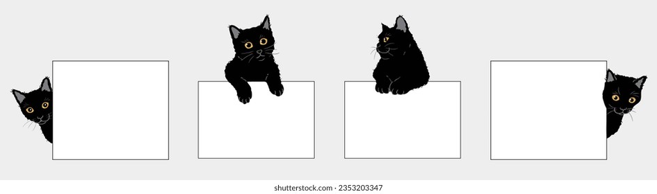 Cartoon black cat with blank paper. Cat above banner or sign illustration	