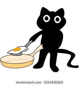 Cartoon Black cat Character Cooking an Egg in a Pan