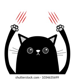 Cartoon black cat claw scratching. Red bloody scratch. Funny face head. Eyes, nose, paw print hand up. Cute character. White background. Isolated. Flat design. Vector illustration