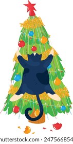 Cartoon black cat climbing Christmas tree, tangled string lights, surrounded colorful ornaments. Green tree decorated red, blue, orange baubles, red star topper, broken ornaments. Isolated white