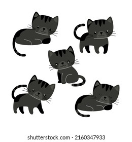 Cartoon black cat with different poses and emotions. Cute vector illustration isolated on white background.