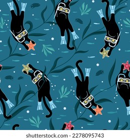 Cartoon black cat is diving at depth among the seaweeds and fishes, holding a starfish in his paws. Vector seamless underwater pattern 