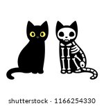 Cartoon black cat drawing with skeleton, cute Schrodinger's cat illustration. Funny Halloween clip art design.