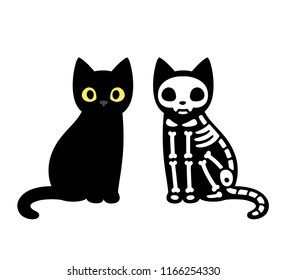 Cartoon black cat drawing with skeleton, cute Schrodinger's cat illustration. Funny Halloween clip art design.