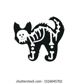Cartoon black cat drawing with skeleton.  Funny Halloween clip art design. Black cat isolated. Halloween vector illustration.