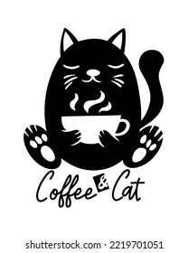 Cartoon Black Cat Drink Coffee