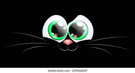 Cartoon black cat face in the dark. Halloween concept.