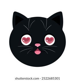 Cartoon black cat face with heart shape eyes. Cat in love. Vector illustration