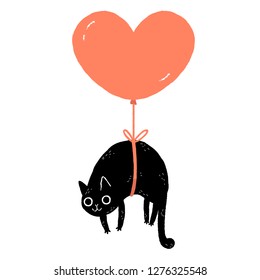 Cartoon black cat floating tied to a heart shaped balloon. Valentine's Day greeting card.