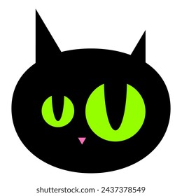 Cartoon black cat with green eyes. Emotions of cat face. Vector illustration isolated on white background.