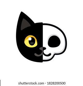 Cartoon black cat head with half skull, cute Schrodinger's cat illustration, half dead and alive. Funny Halloween clip art design.