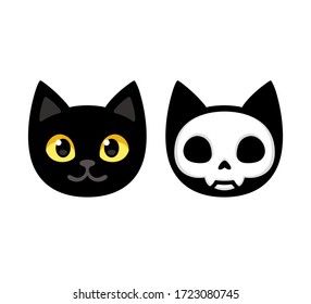 Cartoon black cat head with skull, cute Schrodinger's cat illustration, half dead and alive. Funny Halloween clip art design.