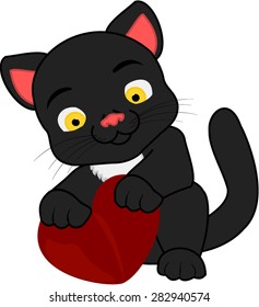 Cartoon black cat with heart