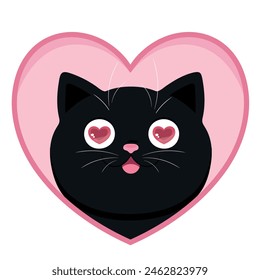 Caricatura gato negro con corazones en los ojos. Gato enamorado. Ilustración vectorial