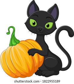 Cartoon black cat holding pumpkin