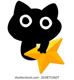 Cartoon Black cat Holding a Star Illustration. flat design