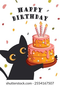 A cartoon black cat holds a colorful cake with candles in its paws on a white background. Vector.