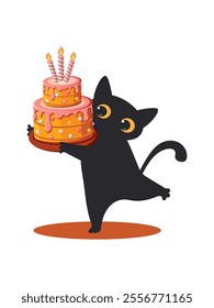 A cartoon black cat holds a colorful cake with candles in its paws on a white background. Vector.