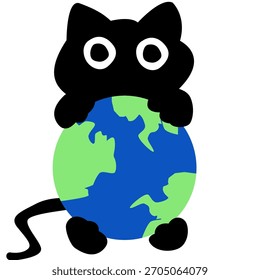 Cartoon a black cat hugging the globe.