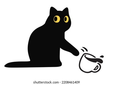Cartoon black cat knocking coffee cup off table  Funny cat breaking things  cute vector illustration 